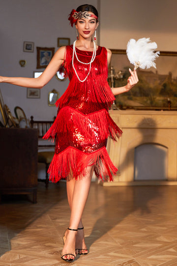 Red Fringed Brølende 20s paljetter kjole